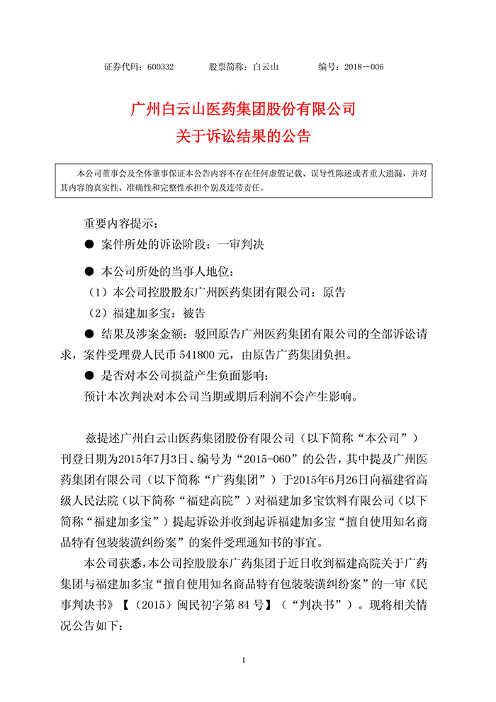 廣藥集團(tuán)訴加多寶侵權(quán)案敗訴！億元賠償?shù)仍V求全被駁回（公告全文）