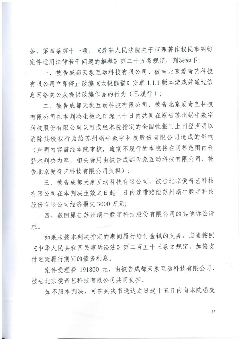 蝸牛數(shù)字召開《太極熊貓》維權通報會，愛奇藝和天象互動因侵權一審被判賠3000萬元！