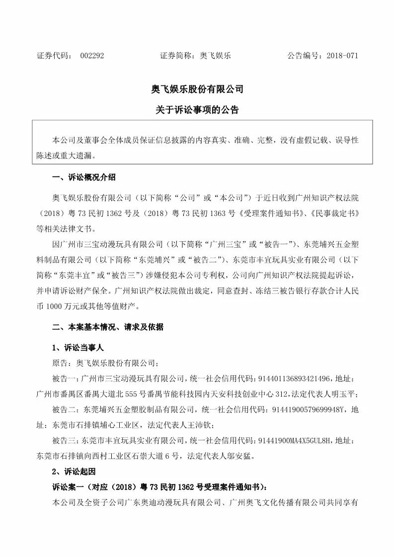 索賠1000萬元！奧飛娛樂訴三寶動漫玩具等3家公司侵犯專利權(quán)（訴訟公告全文）