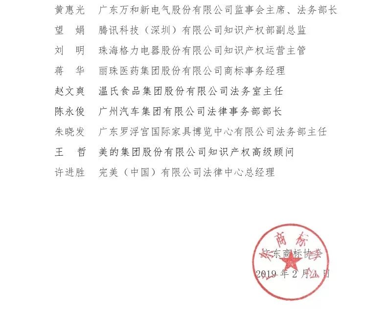 廣東商標(biāo)協(xié)會公布2018年十大商標(biāo)品牌領(lǐng)軍人物、新銳人物以及十大企業(yè)優(yōu)秀法務(wù)（商標(biāo)）名單