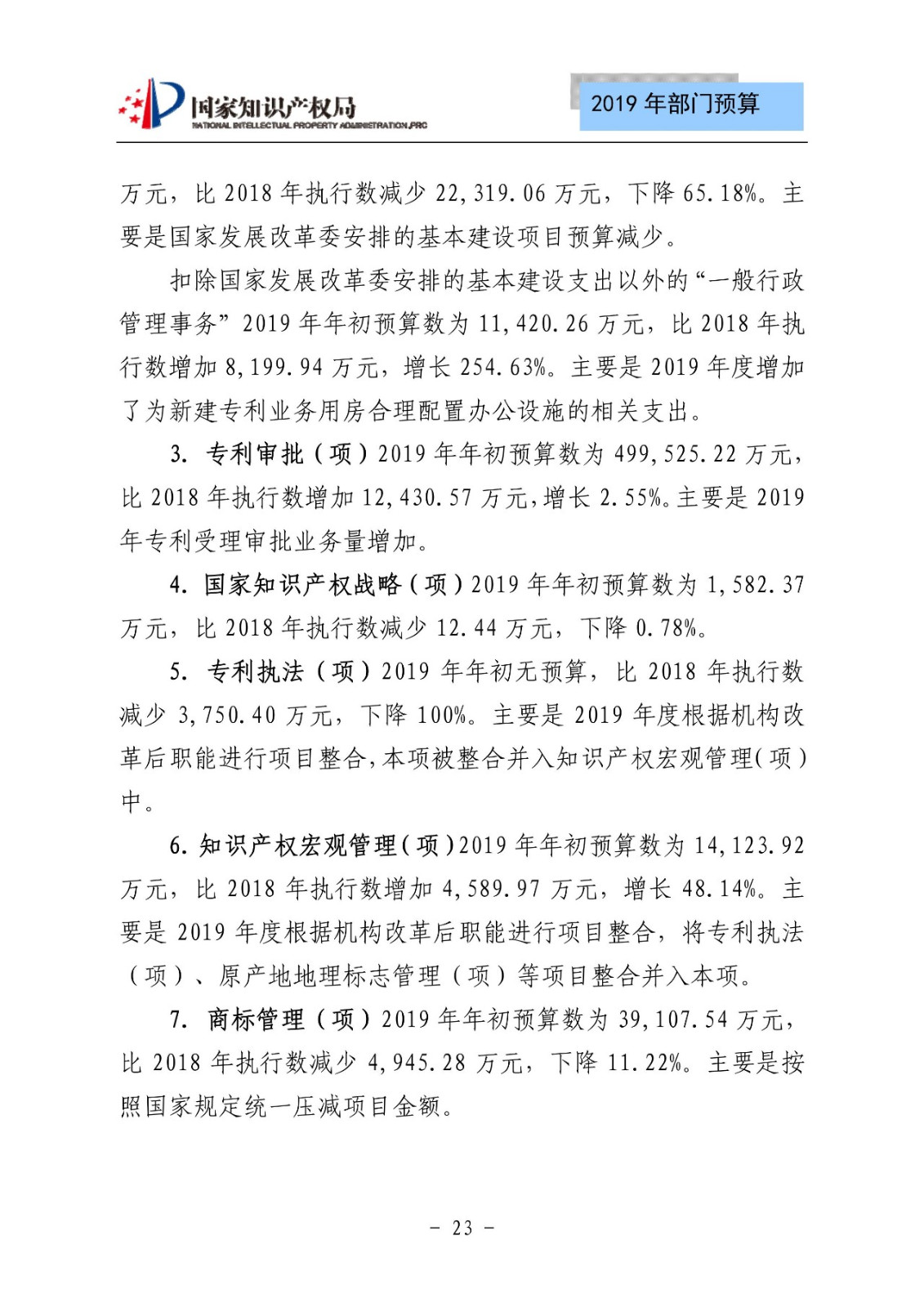 國家知識產(chǎn)權(quán)局2019年部門預算（全文）