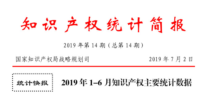 2019年上半年1-6月「專利、商標(biāo)、地理標(biāo)志」等統(tǒng)計數(shù)據(jù)
