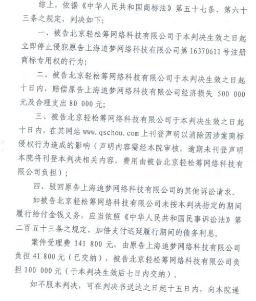 “輕松籌”或?qū)⒏拿∩虡思m紛頻頻敗訴，還要賠償58萬元