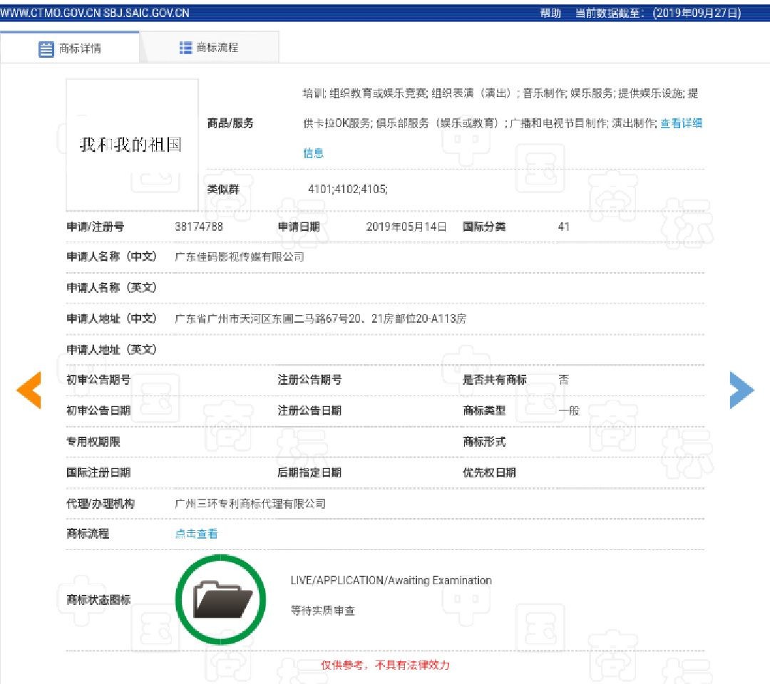 《我和我的祖國》電影出品方?jīng)]有注冊電影相關(guān)商標(biāo)？