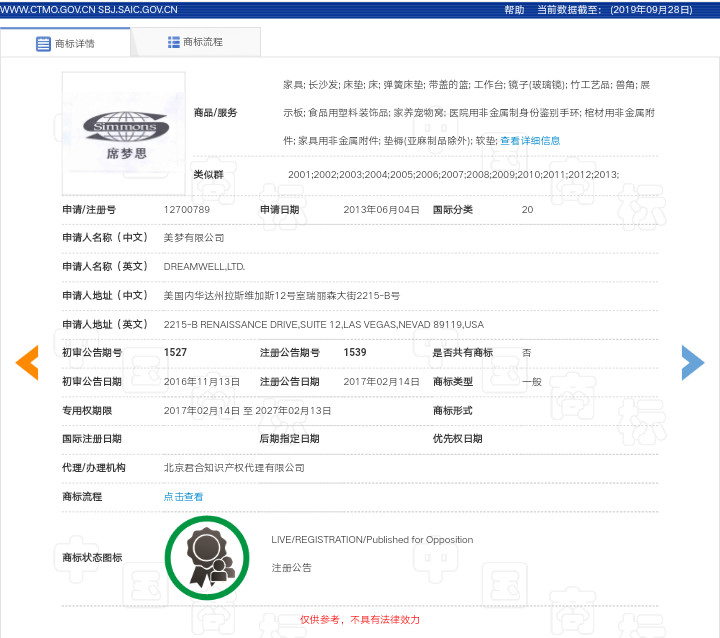 “席一夢一思”不是“席夢思”，駁回！