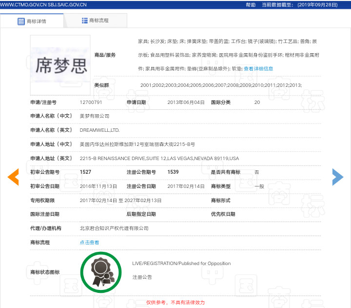 “席一夢一思”不是“席夢思”，駁回！