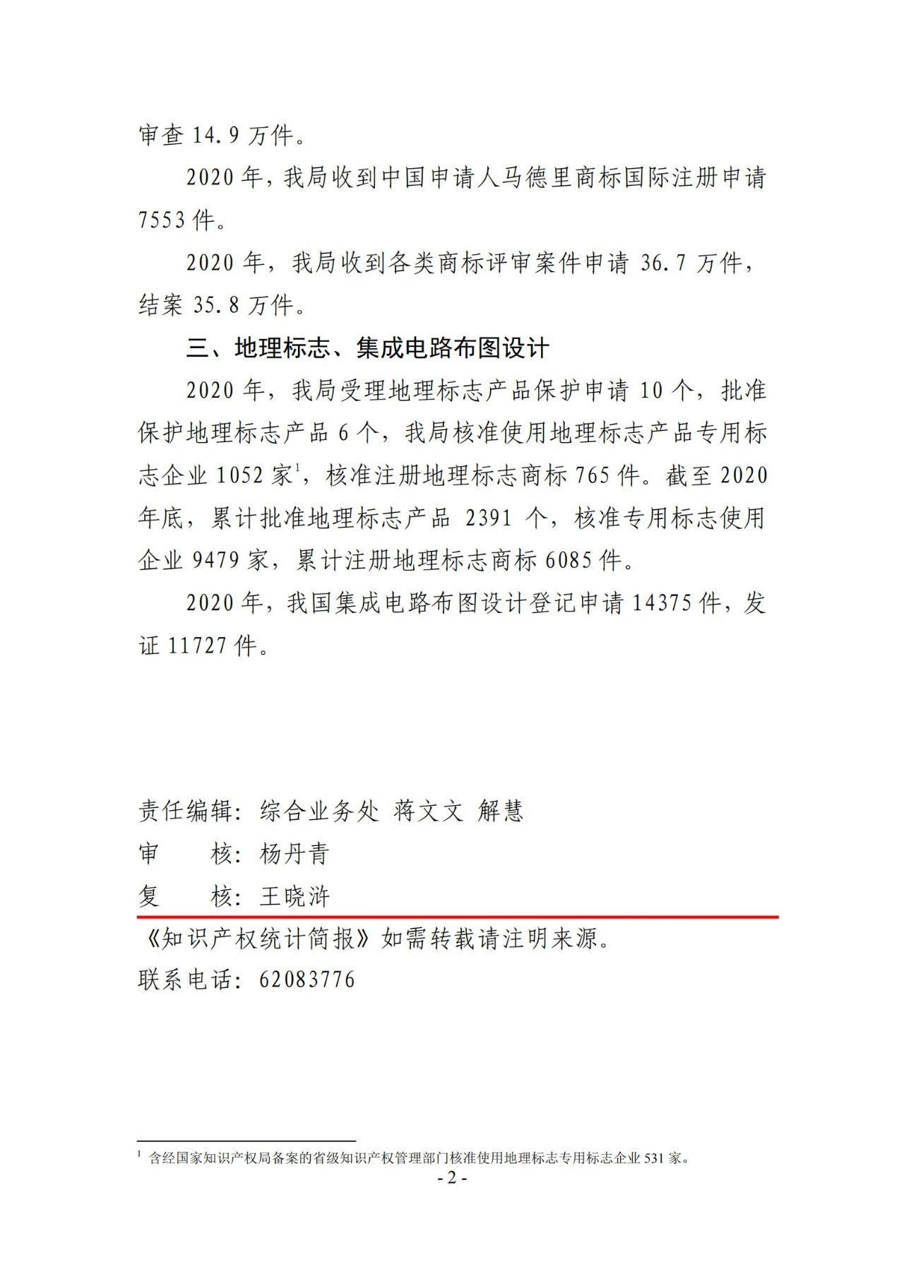 2020年度專利、商標(biāo)、地理標(biāo)志等統(tǒng)計(jì)數(shù)據(jù)簡報(bào)（2021年第一期）