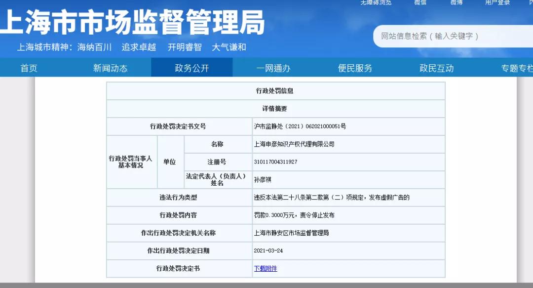 一知識產(chǎn)權(quán)代理公司因發(fā)布虛假廣告被罰3000元！