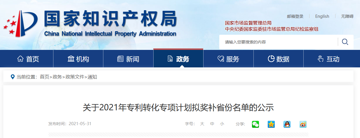 1億元獎補！2021年專利轉(zhuǎn)化專項計劃擬獎補省份名單