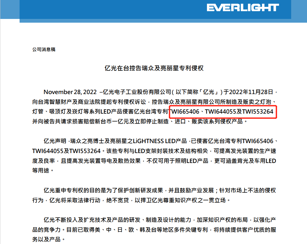 3件專利的兩輪進(jìn)攻：億光向瑞眾和亮麗星索賠1億新臺(tái)幣