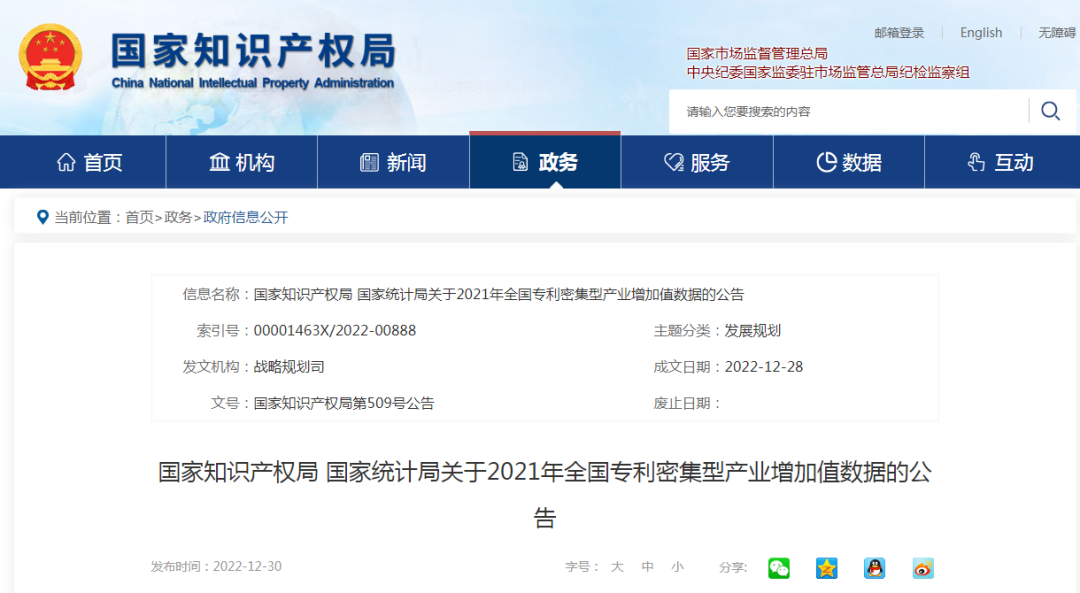 國(guó)知局 國(guó)家統(tǒng)計(jì)局：2021年全國(guó)專利密集型產(chǎn)業(yè)增加值為142983億元，比上年增長(zhǎng)17.9%